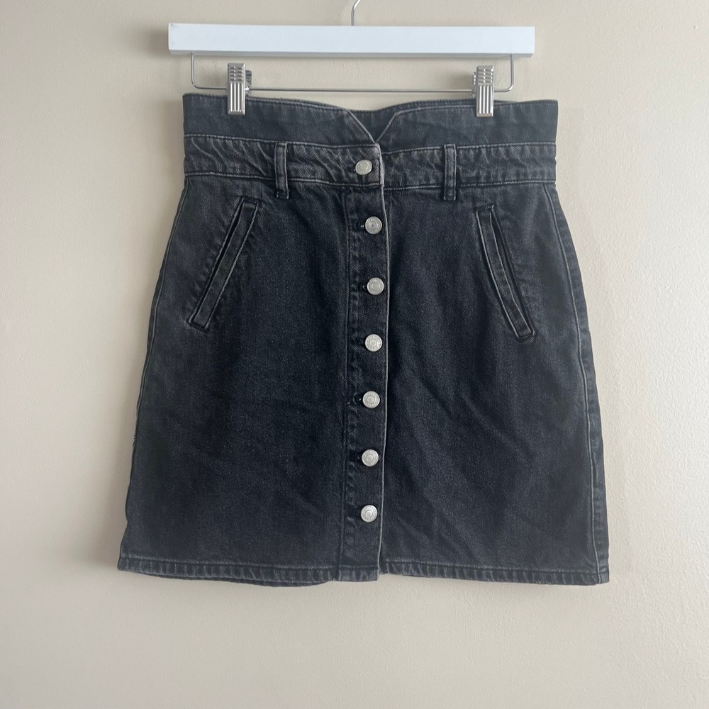 Pilcro Black Denim Button Front Mini Skirt Size 6 High Waist 90s Grunge